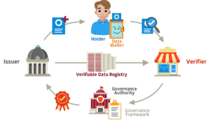 Diagram showing the relationship between issuers, holders, verifiers, and the verifiable data registry