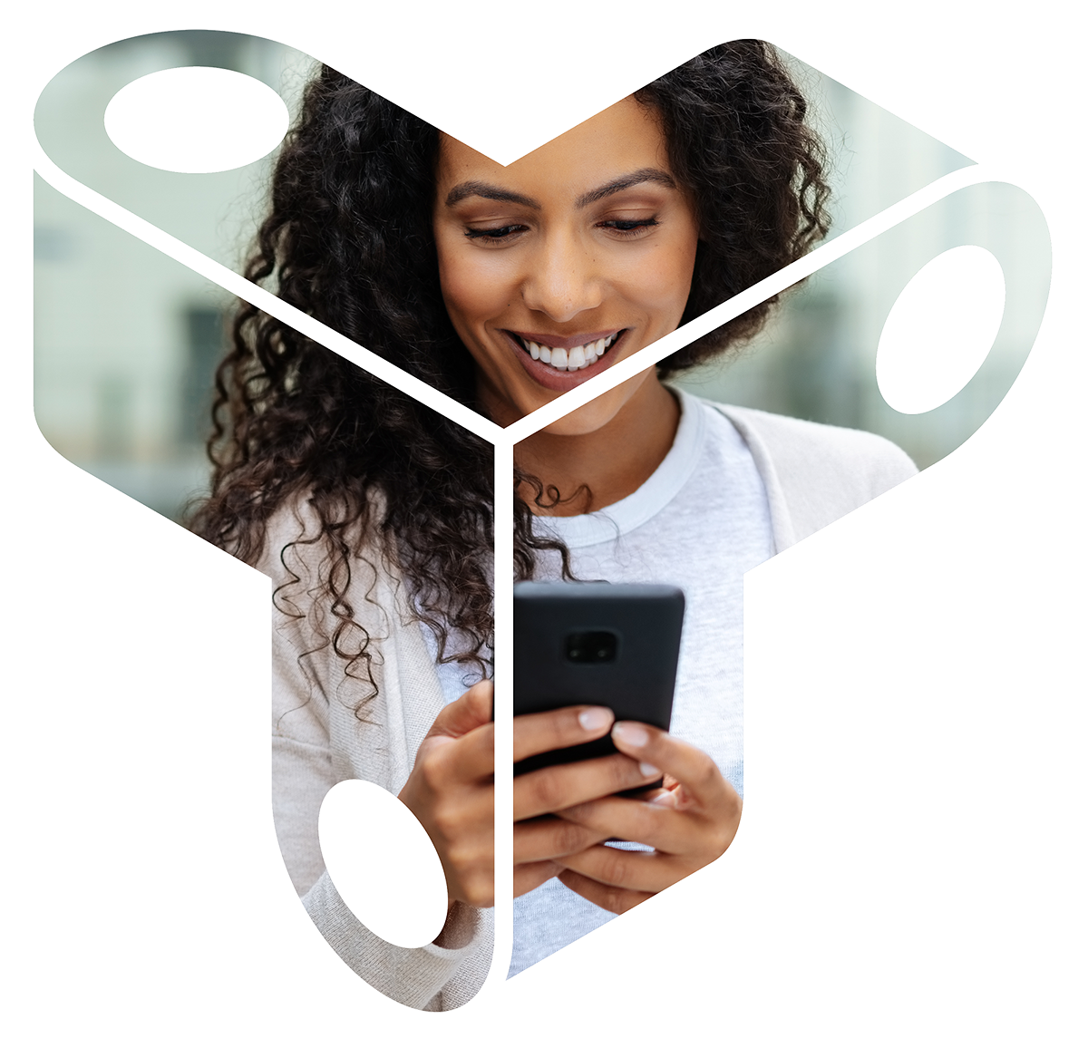 Woman, smiling, holding her phone, with the image masked by the Trust Over IP logo shape